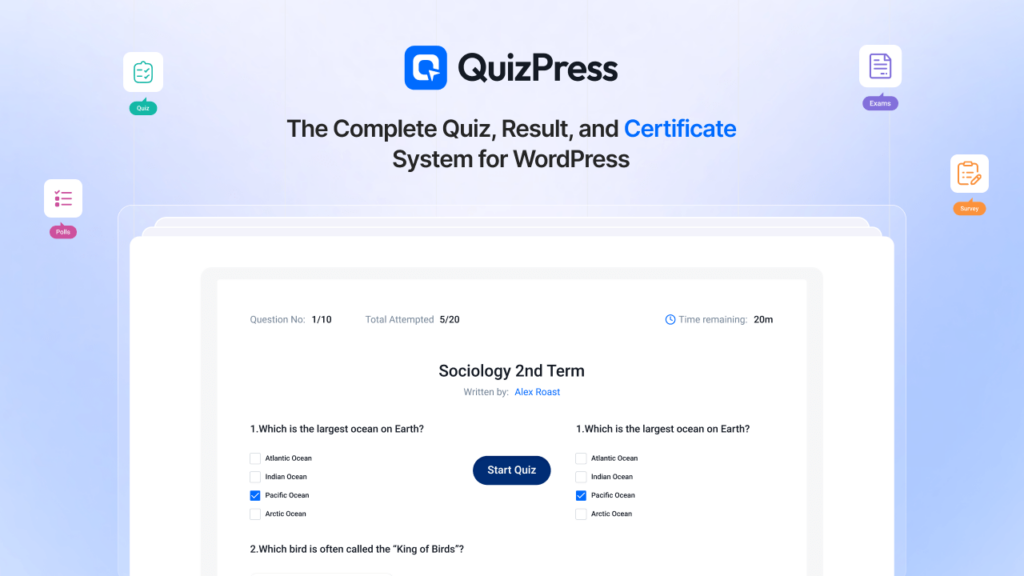 QuizPress: Advanced quiz, assessment, and certification for learning and engagement